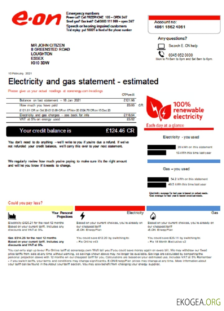 United Kingdom E.ON utility bill template in Word and PDF format, version 3 (2)
